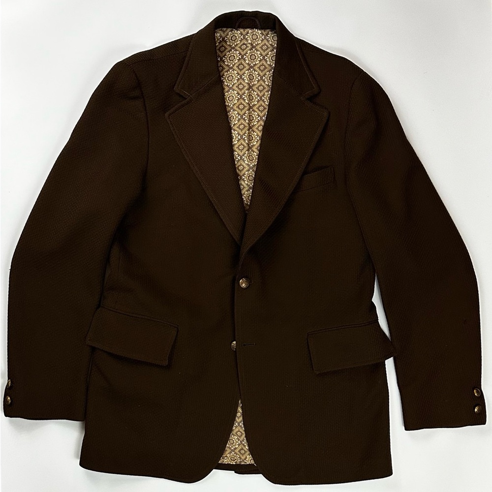 Vintage 60s 70s Mens Brown Textured Polyester Two-Button Jacket Blazer Size 41